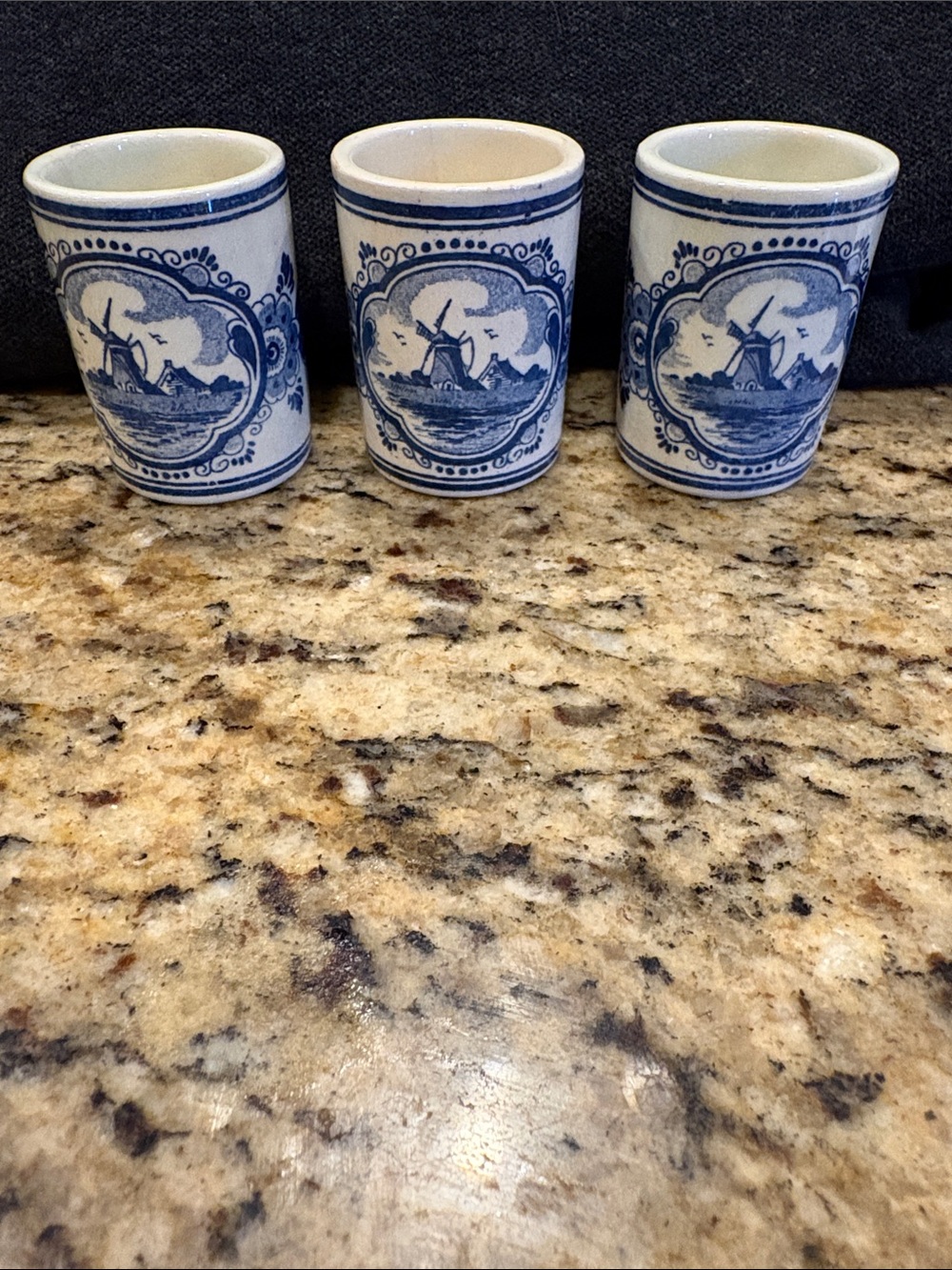 Delft Blue/White Hand Painted Windmill Vandermint Shot Glass Set of 3 1.5oz